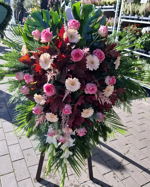 Wiązanka pogrzebowa na świerku: Elegancka wiązanka pogrzebowa w odcieniach różu, białego i bordowego, wzbogacona zielenią i kaskadą zieleni na dole. Kwiaciarnia Bukieteria Gorzów Wielkopolski